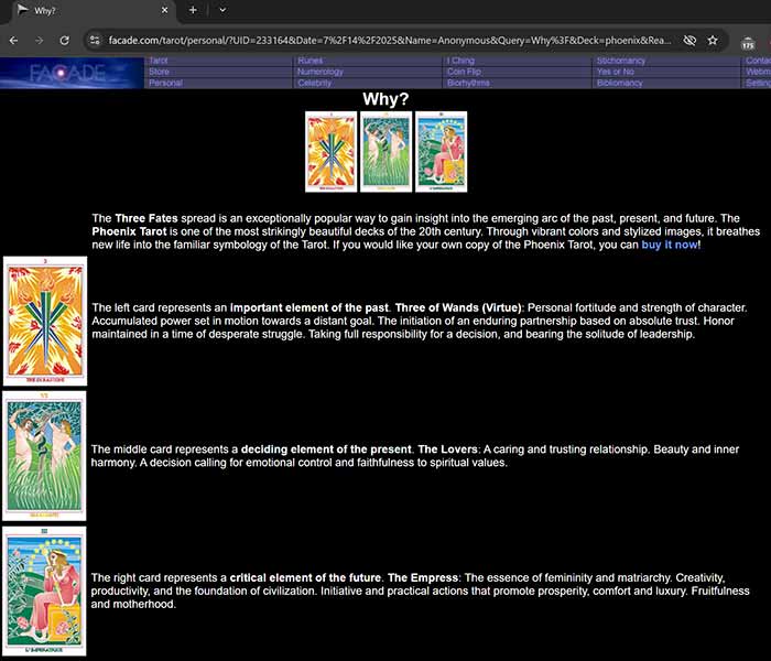 Facade 3 Fates Reading Free tarot reading example from Facade.com, the oldest tarot site